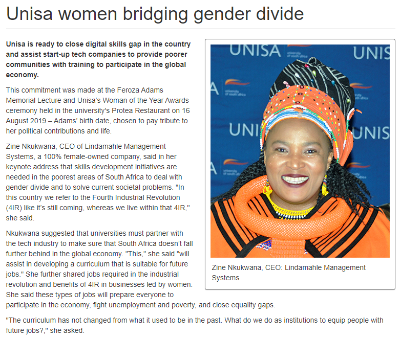 Lindamahle CEO addressing Unisa on gender disparities and skills development.